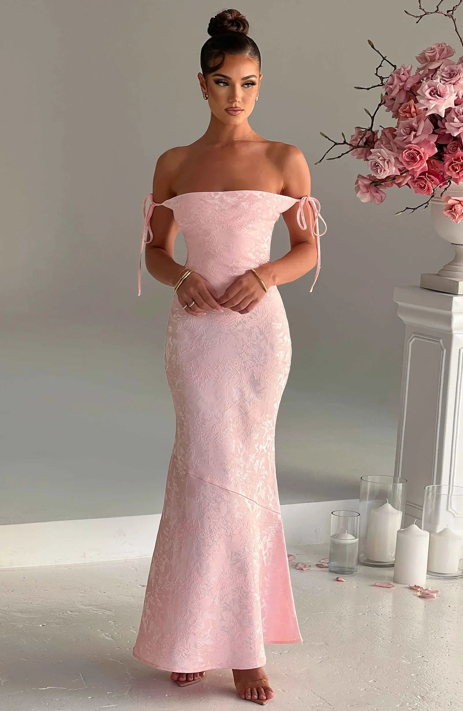 Convertible Tie Strap Square Neck Floral Jacquard Mermaid Maxi Blush Pink Wedding Guest Dresses