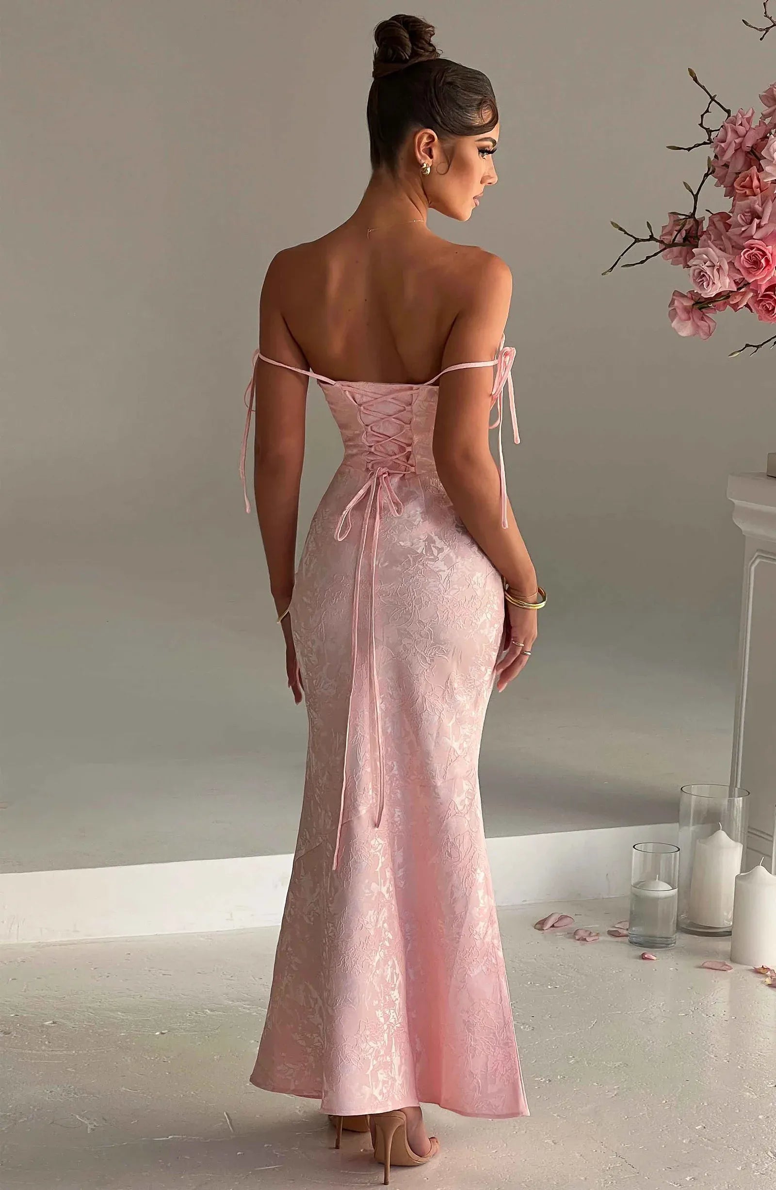 Convertible Tie Strap Square Neck Floral Jacquard Mermaid Maxi Blush Pink Wedding Guest Dresses