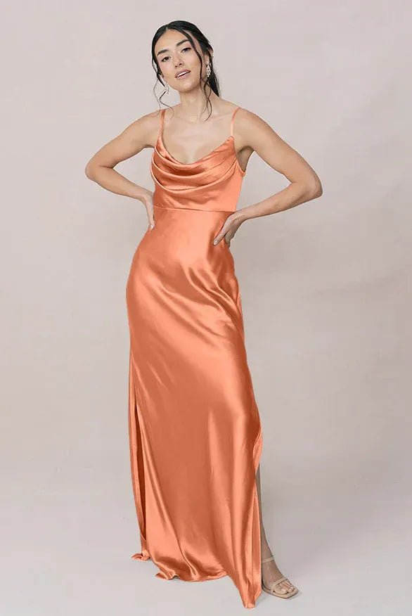 Coral Cowl Neck Spaghetti Strap High Slit Satin Bridesmaid Dress
