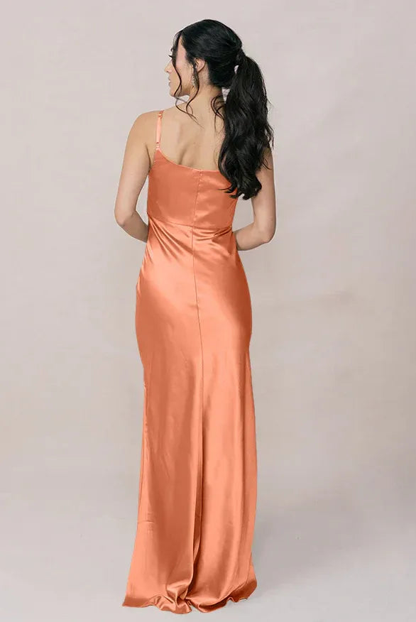 Coral Cowl Neck Spaghetti Strap High Slit Satin Bridesmaid Dress