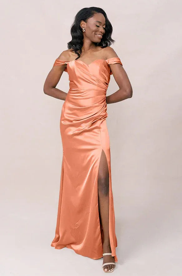 Coral Off-Shoulder Ruched High Slit Satin Bridesmaid Dress