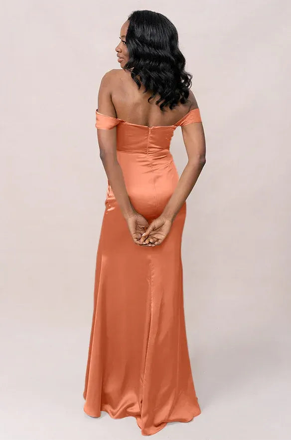 Coral Off-Shoulder Ruched High Slit Satin Bridesmaid Dress