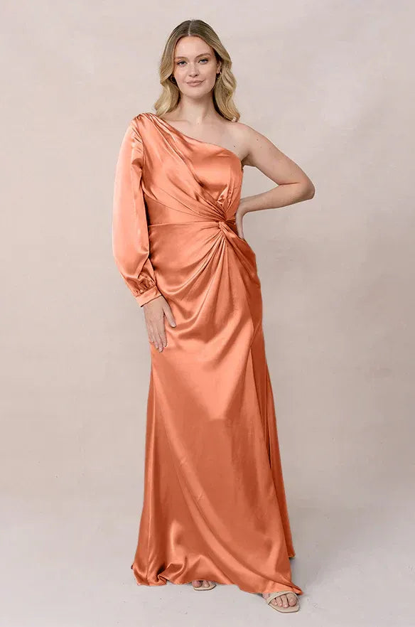 Coral One Shoulder Long Sleeve Twist Waist Satin Bridesmaid Dress
