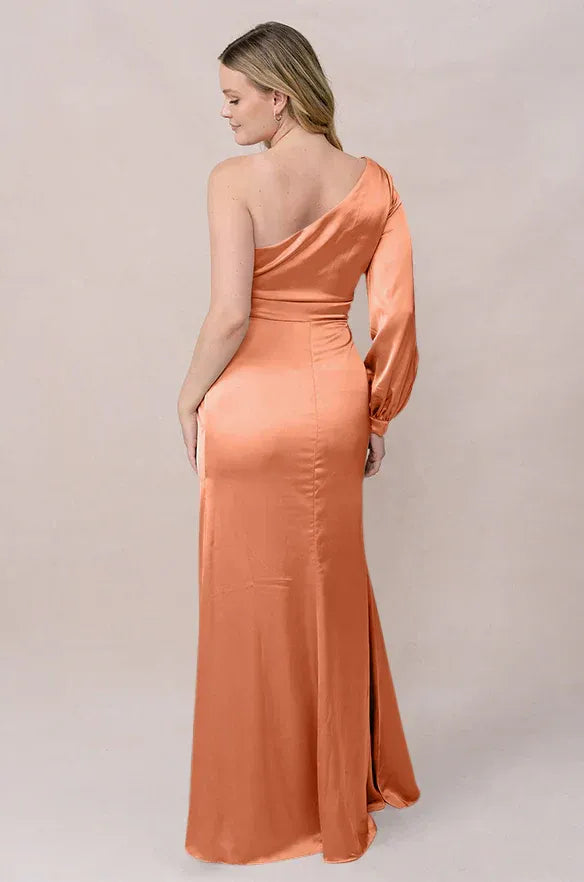 Coral One Shoulder Long Sleeve Twist Waist Satin Bridesmaid Dress
