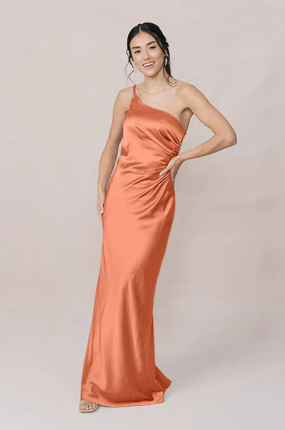 Coral One-Shoulder Ruched High Slit Satin Bridesmaid Dress