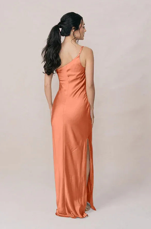 Coral One-Shoulder Ruched High Slit Satin Bridesmaid Dress