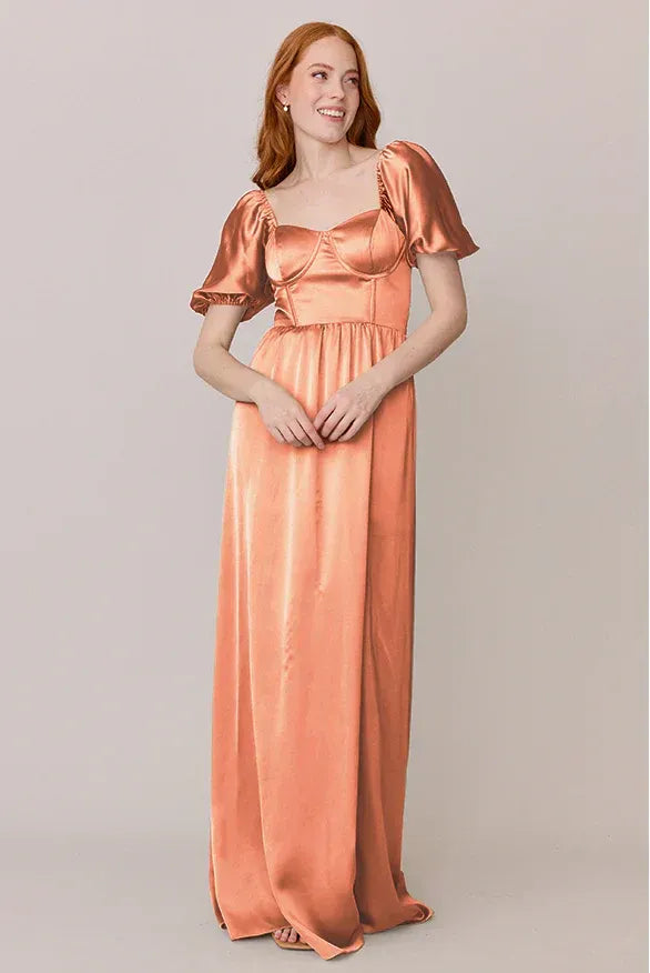 Coral Square Neck Puff Sleeve Empire Waist Satin Bridesmaid Dress