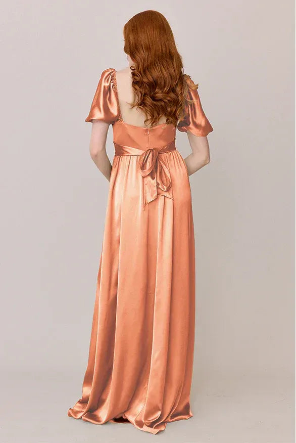 Coral Square Neck Puff Sleeve Empire Waist Satin Bridesmaid Dress