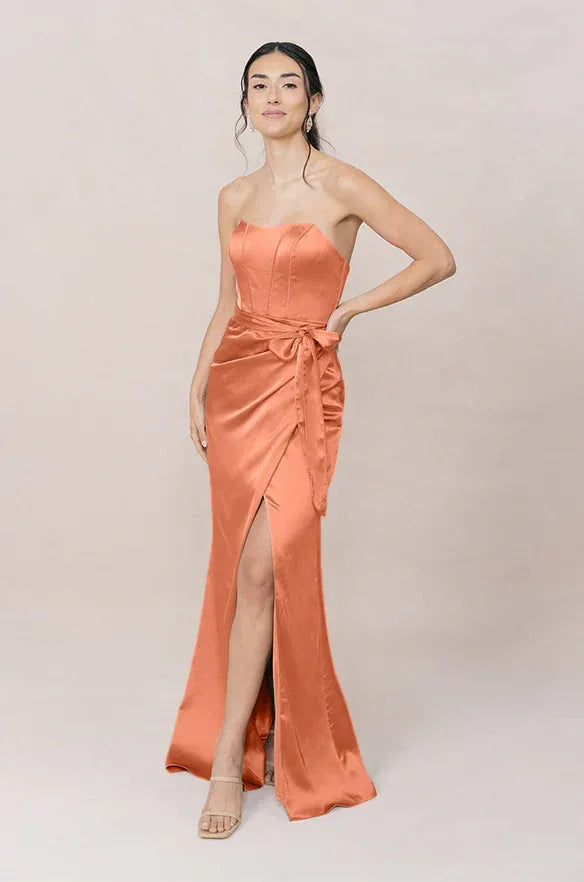 Coral Strapless Corset Bow Tie High Slit Mermaid Bridesmaid Dress