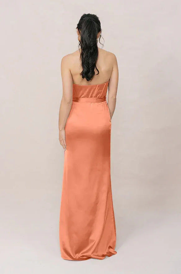 Coral Strapless Corset Bow Tie High Slit Mermaid Bridesmaid Dress