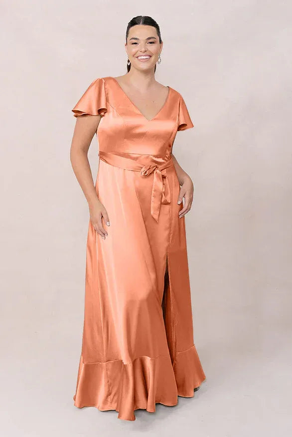 Coral V-Neck Flutter Sleeve Sash Tie Ruffle Hem Satin Bridesmaid Dress