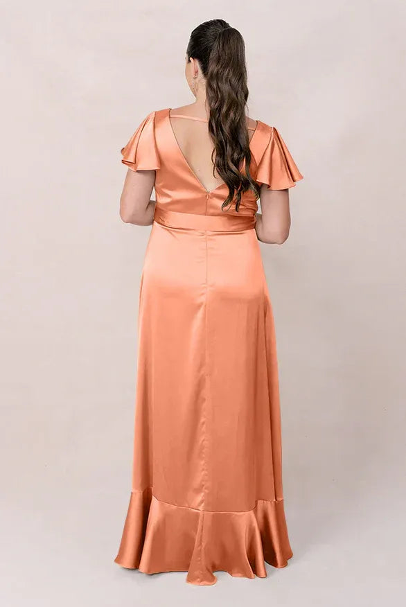 Coral V-Neck Flutter Sleeve Sash Tie Ruffle Hem Satin Bridesmaid Dress