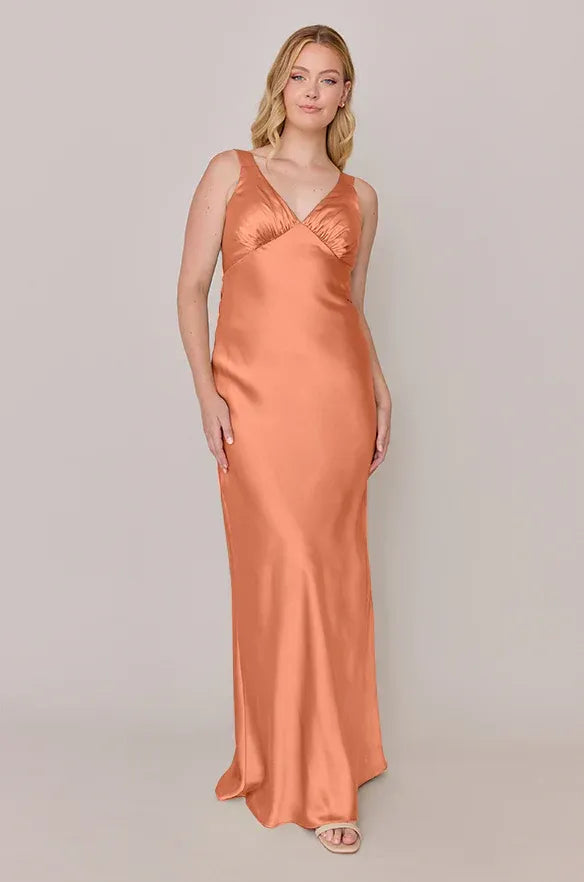 Coral V-Neck Sleeveless Cowl Back Satin Bridesmaid Dress
