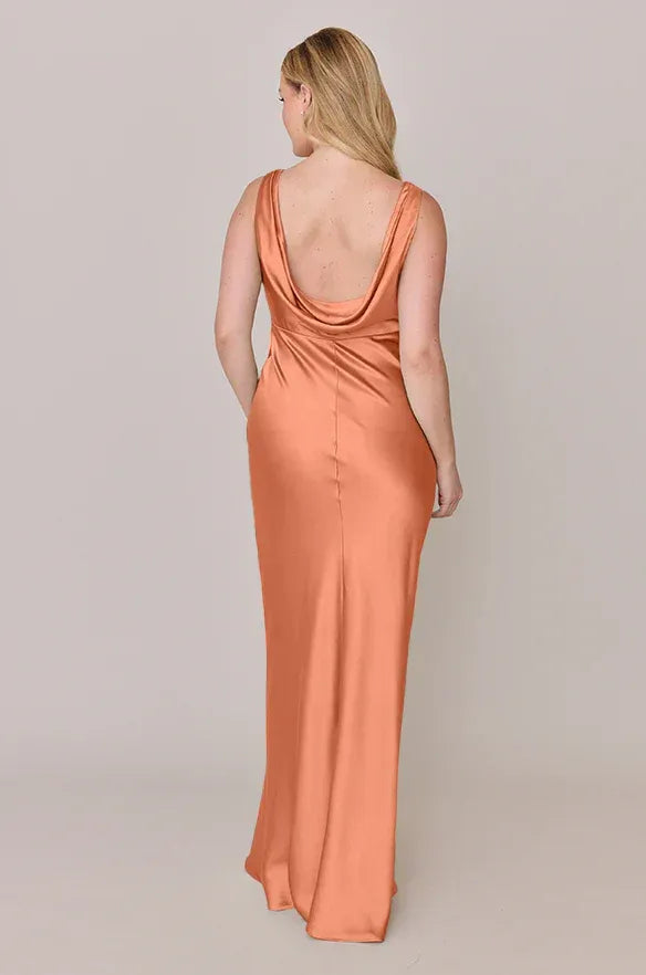 Coral V-Neck Sleeveless Cowl Back Satin Bridesmaid Dress