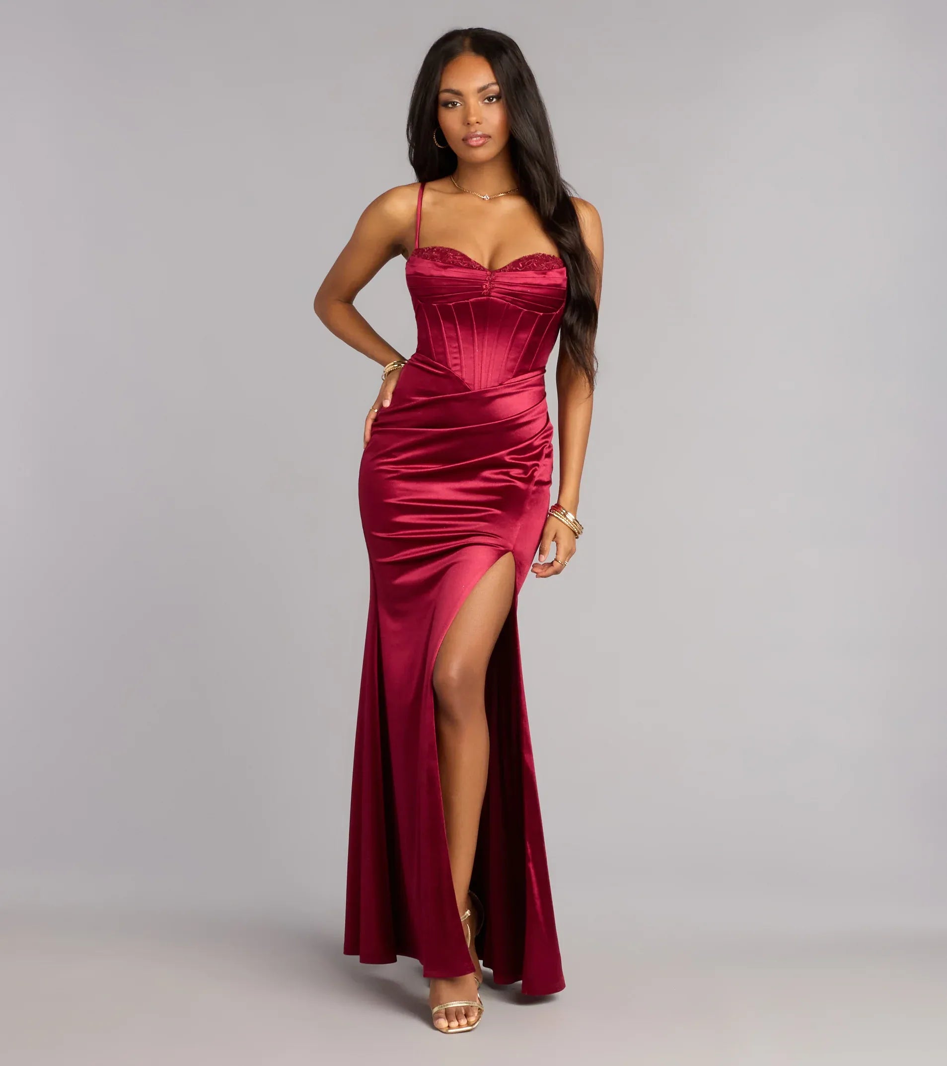 Corset Mermaid Spaghetti Lace-Up-Back Ruched Slit Satin Maxi Wedding Guest Dress