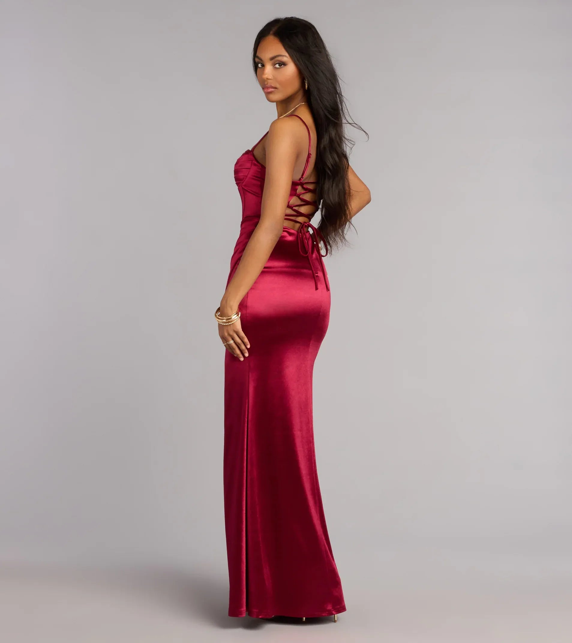 Corset Mermaid Spaghetti Lace-Up-Back Ruched Slit Satin Maxi Wedding Guest Dress