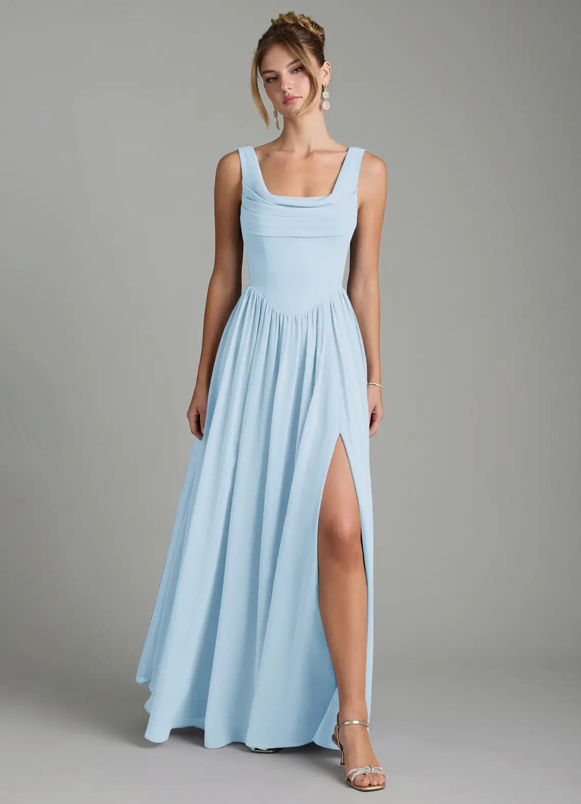 Cowl Back Square Neck Slit Floor-Length Bridesmaid Dress
