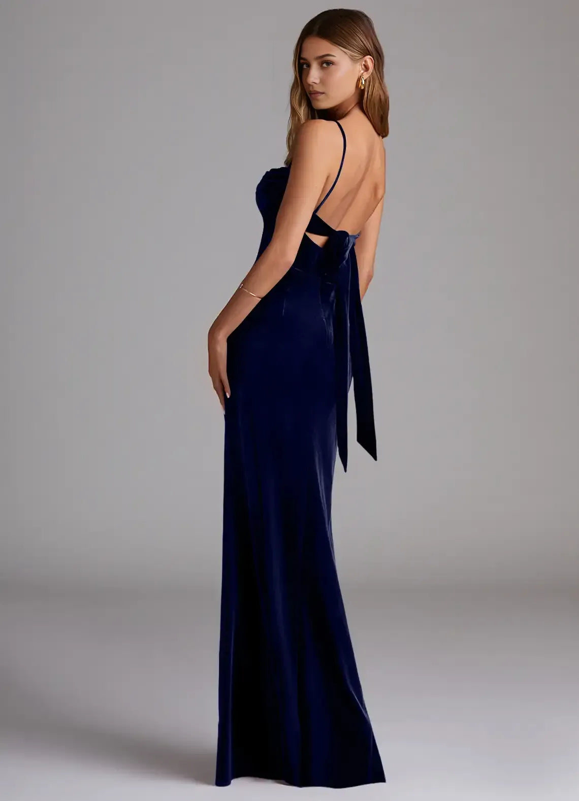 Cowl Spaghetti Strap Corset Tie Back High Slit Mermaid Velvet Long Bridesmaid Dress