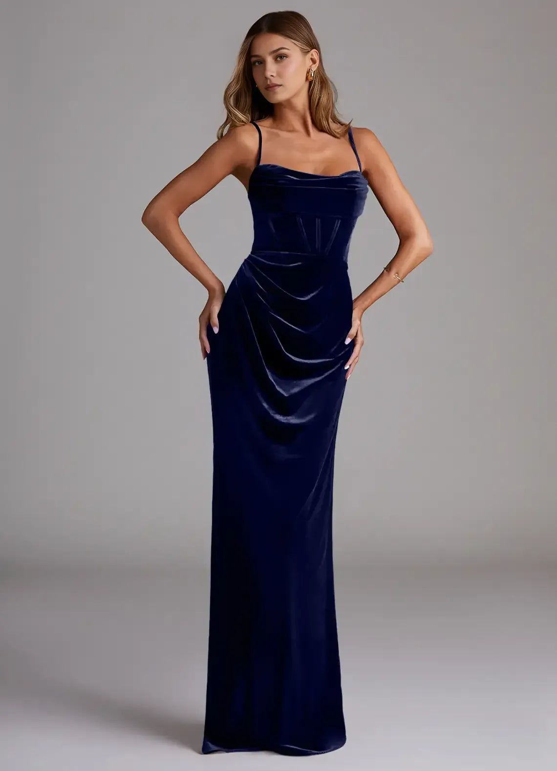 Cowl Spaghetti Strap Corset Tie Back High Slit Mermaid Velvet Long Bridesmaid Dress