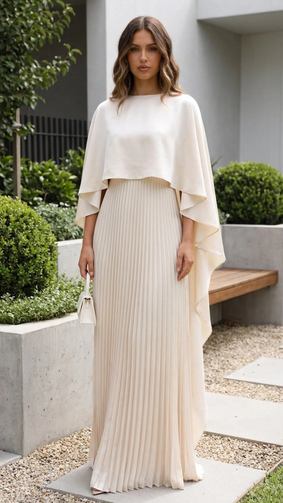 Cream Floor-Length Round-Neck Capelet Pleated Skirt Wedding Guest Dress