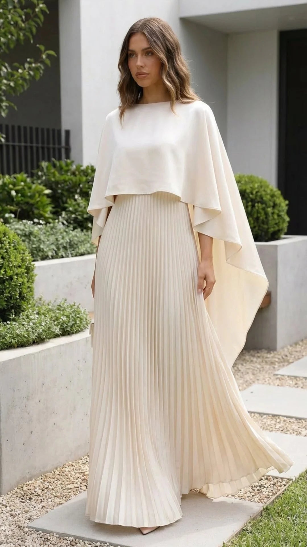 Cream Floor-Length Round-Neck Capelet Pleated Skirt Wedding Guest Dress