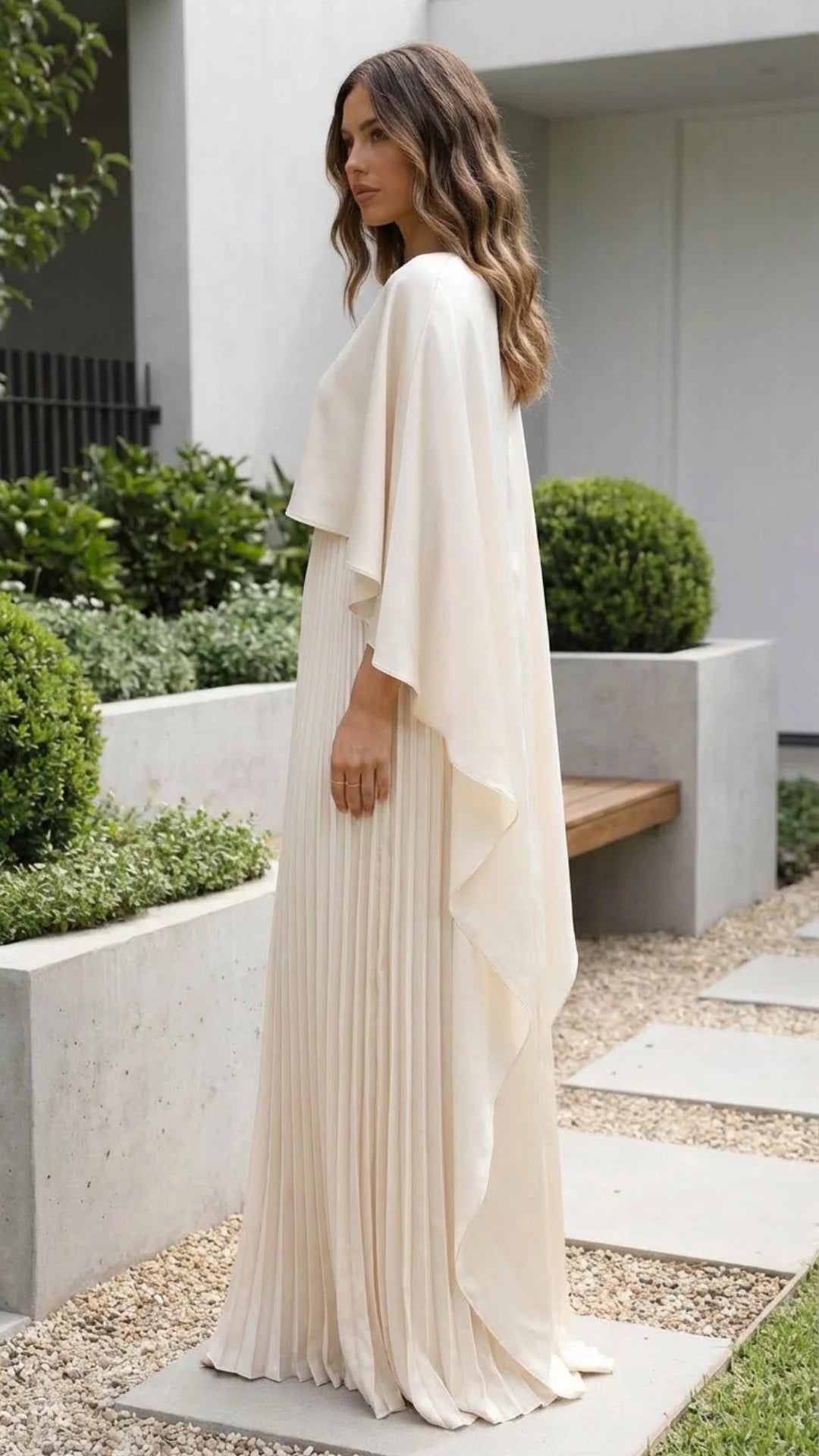 Cream Floor-Length Round-Neck Capelet Pleated Skirt Wedding Guest Dress