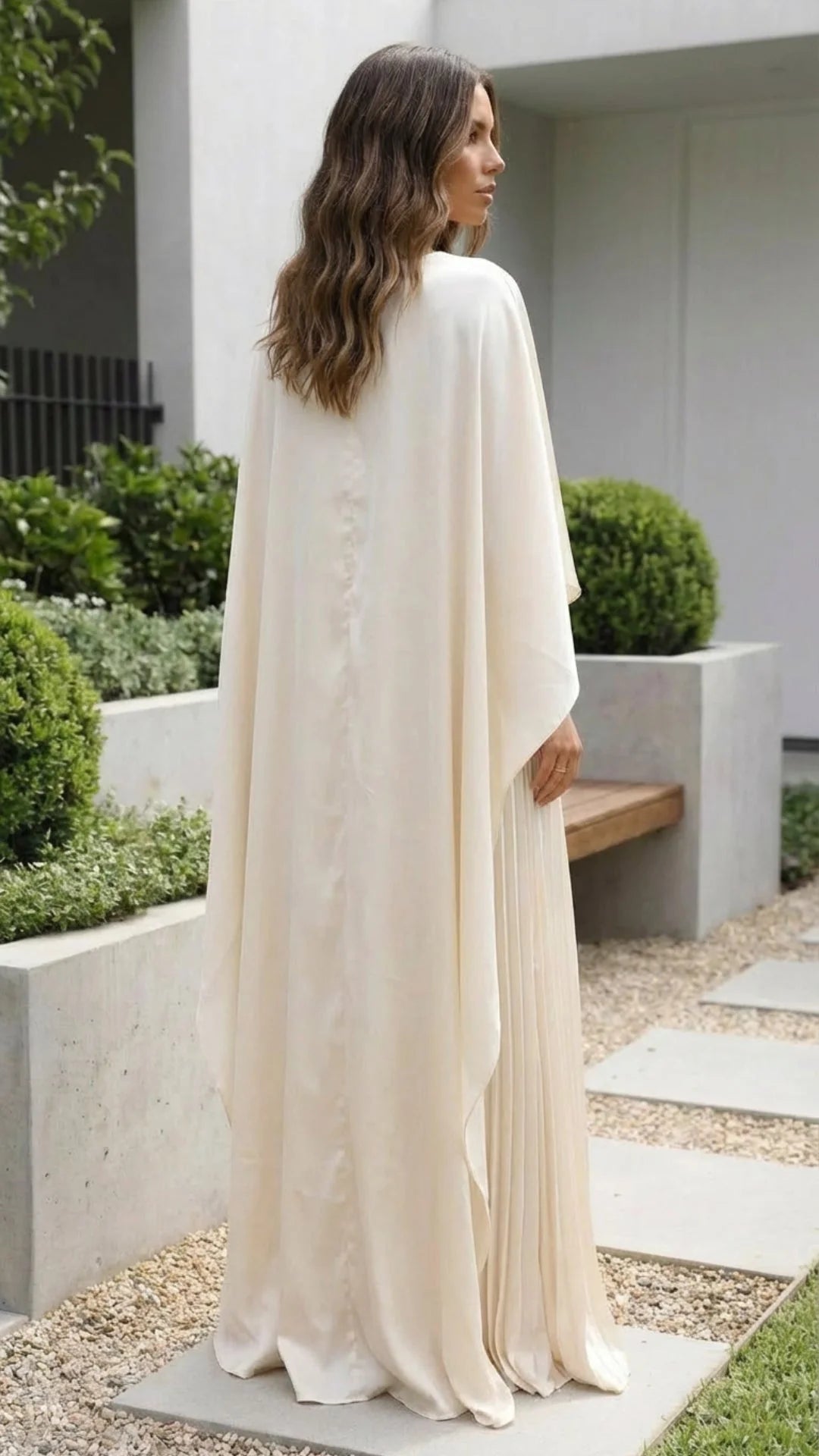 Cream Floor-Length Round-Neck Capelet Pleated Skirt Wedding Guest Dress