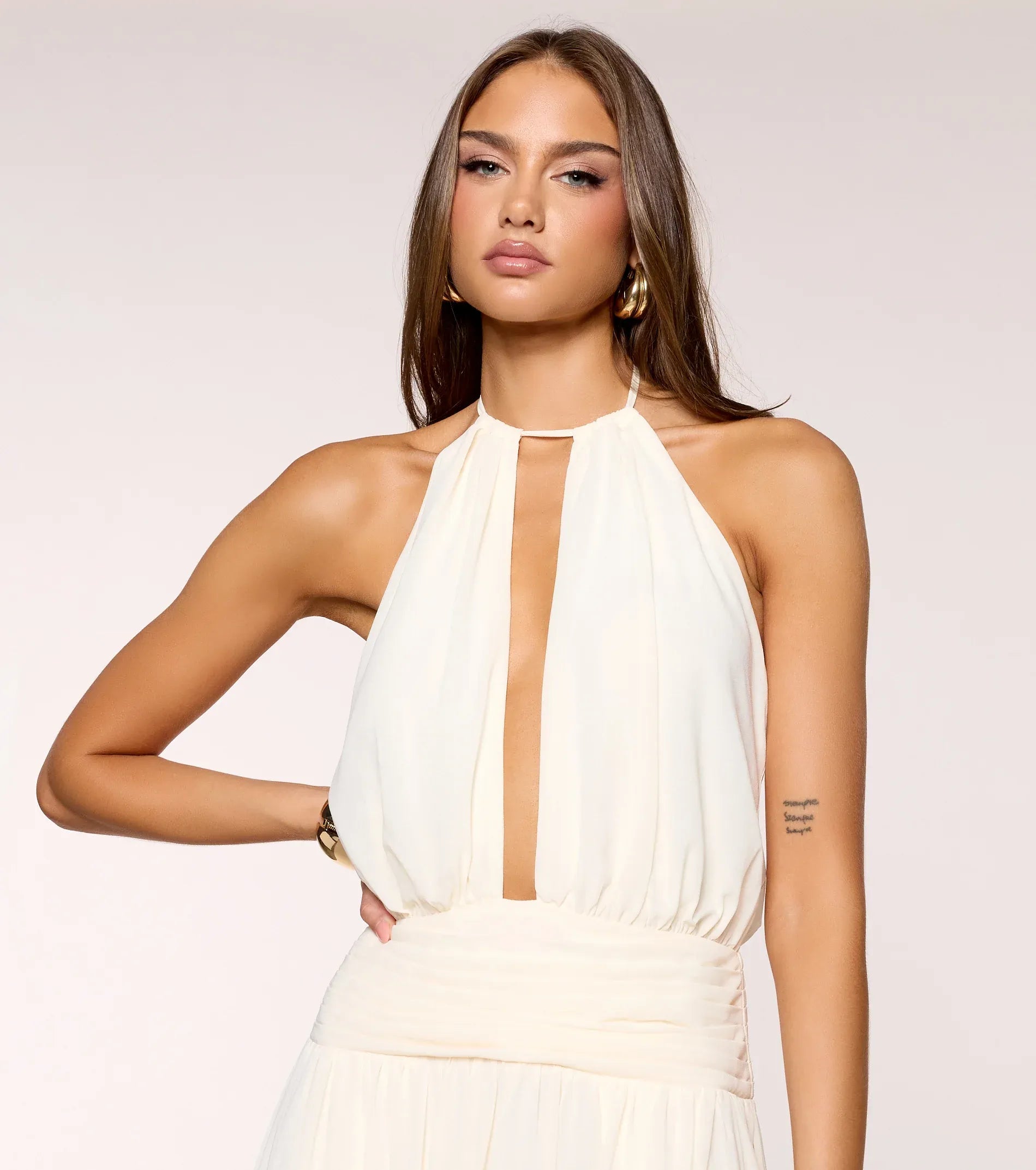Cream Halter Keyhole Backless High Slit Flowy Maxi Wedding Guest Dresses