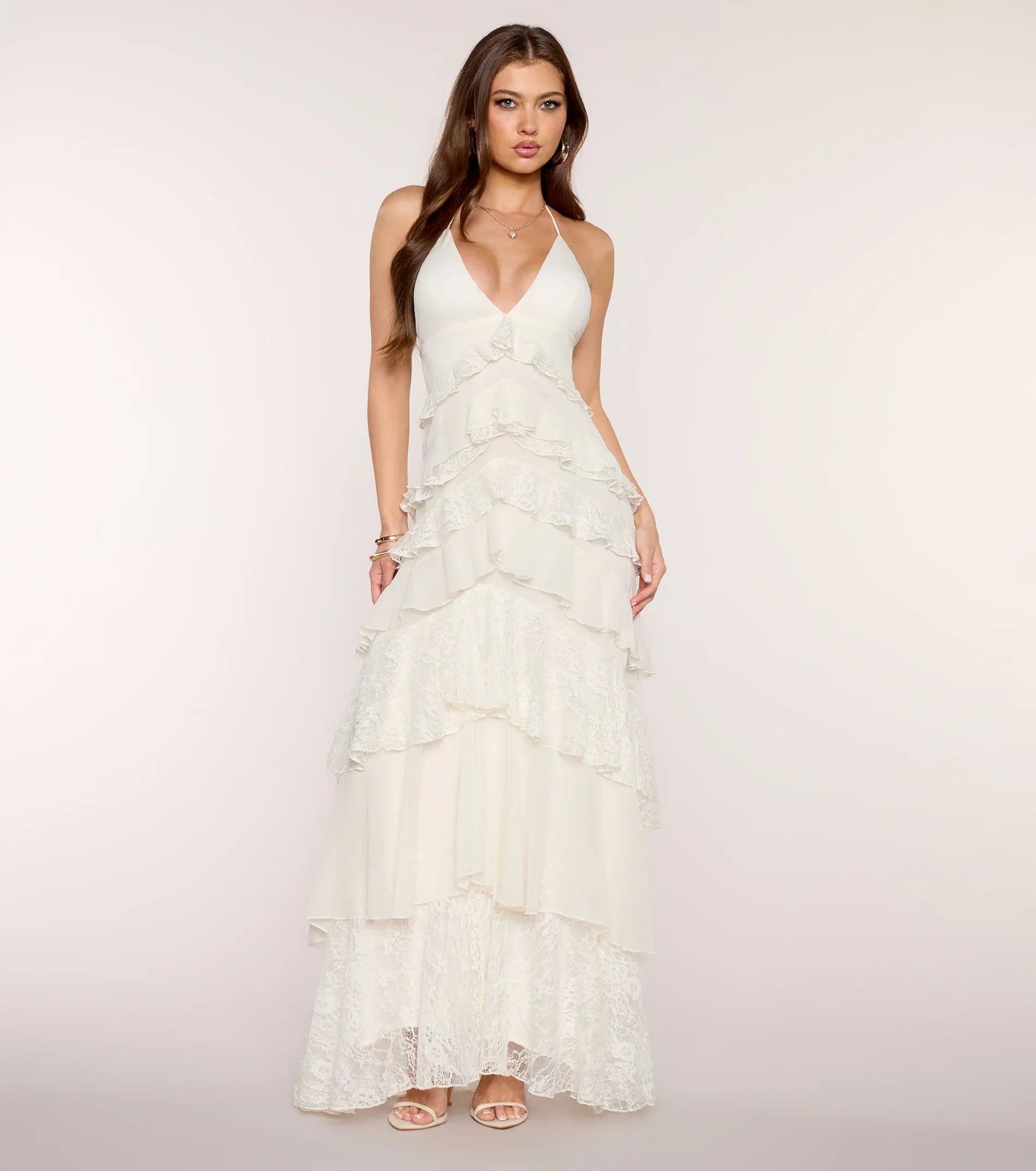 Cream Halter V Open Back Tiered Chiffon Lace Ruffle Maxi Wedding Guest Dress
