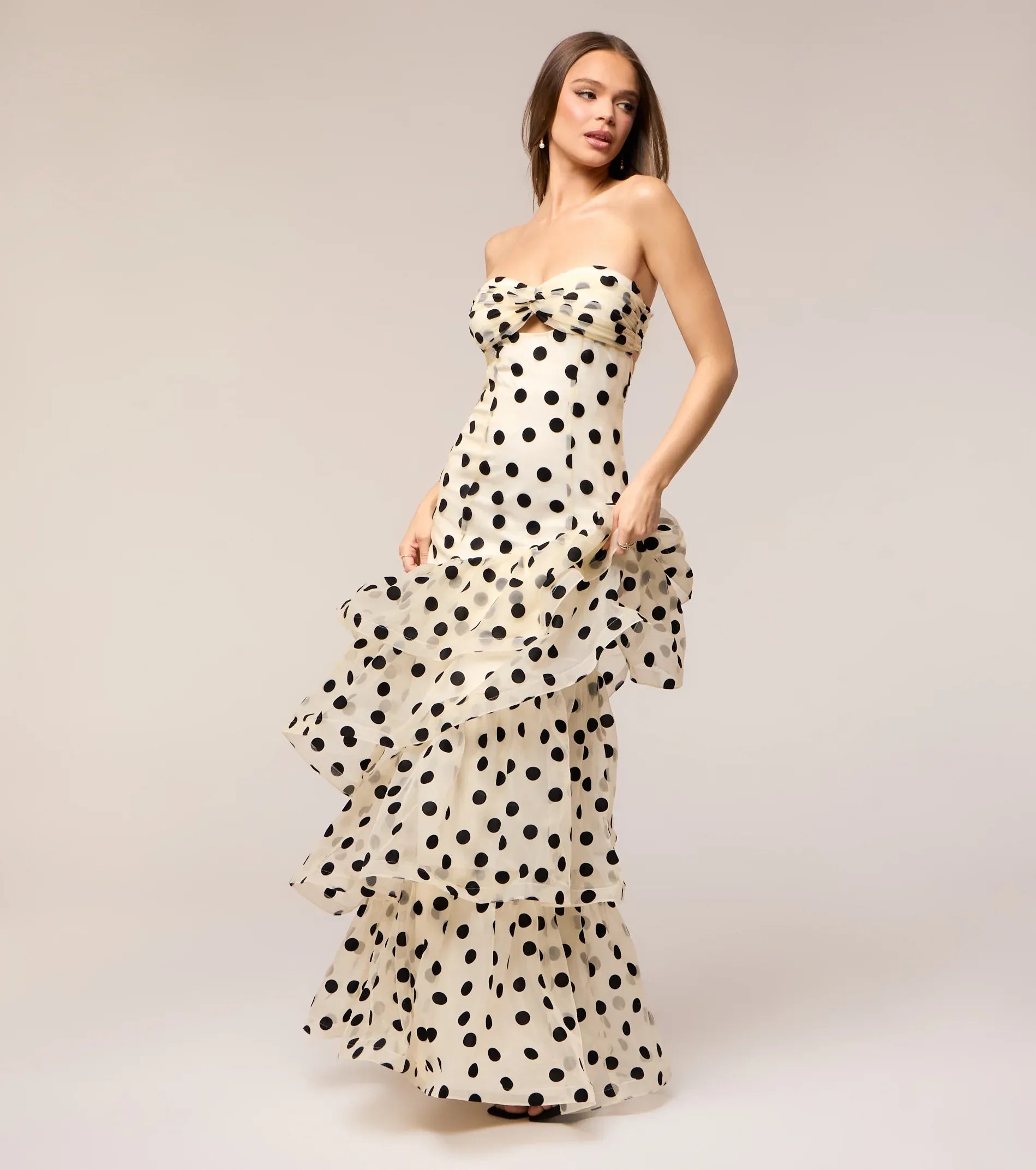Cream Strapless Twist Cutout Lace-Up Back Tiered Ruffle Polka Dot Maxi Wedding Guest Dresses