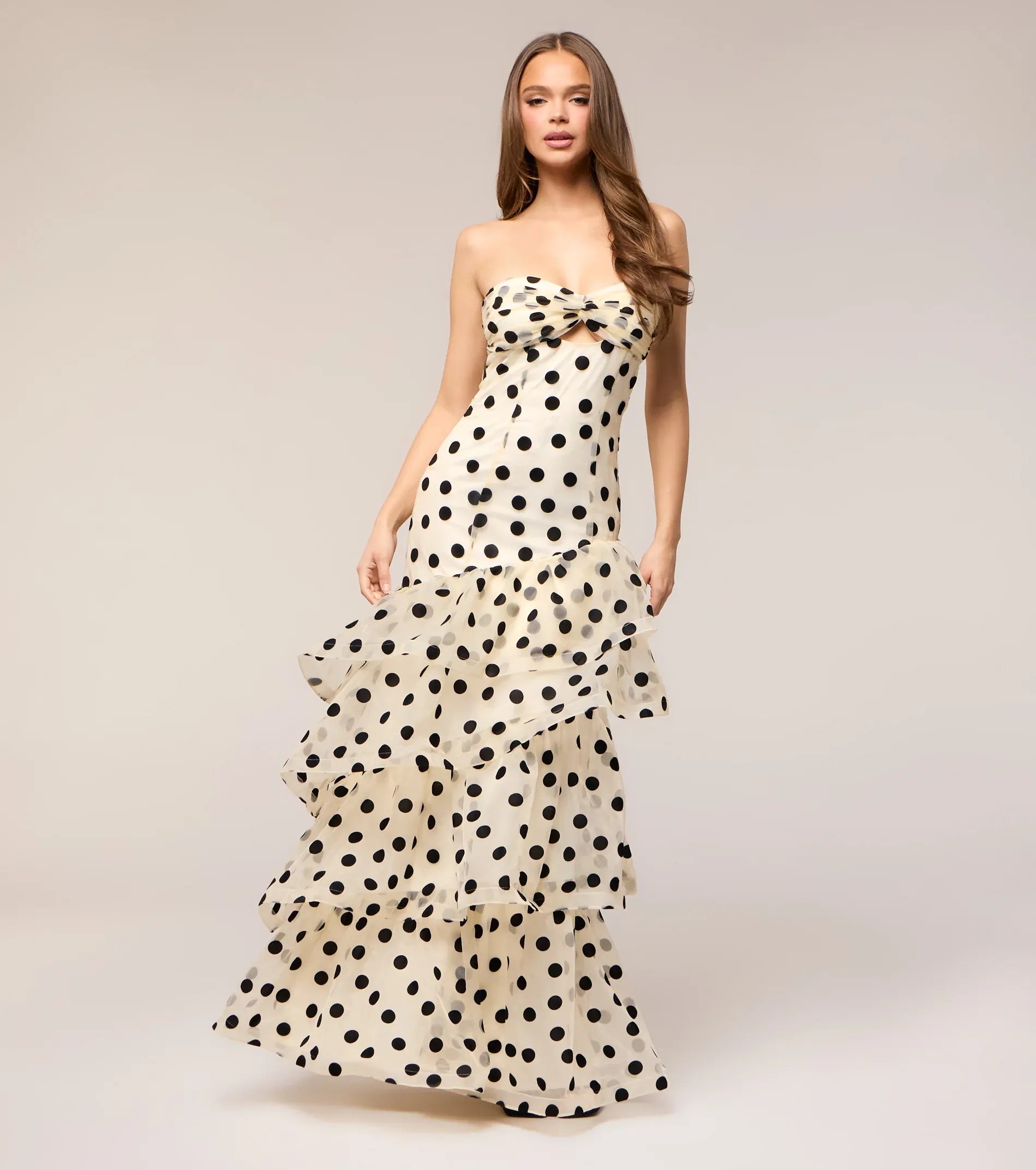 Cream Strapless Twist Cutout Lace-Up Back Tiered Ruffle Polka Dot Maxi Wedding Guest Dresses