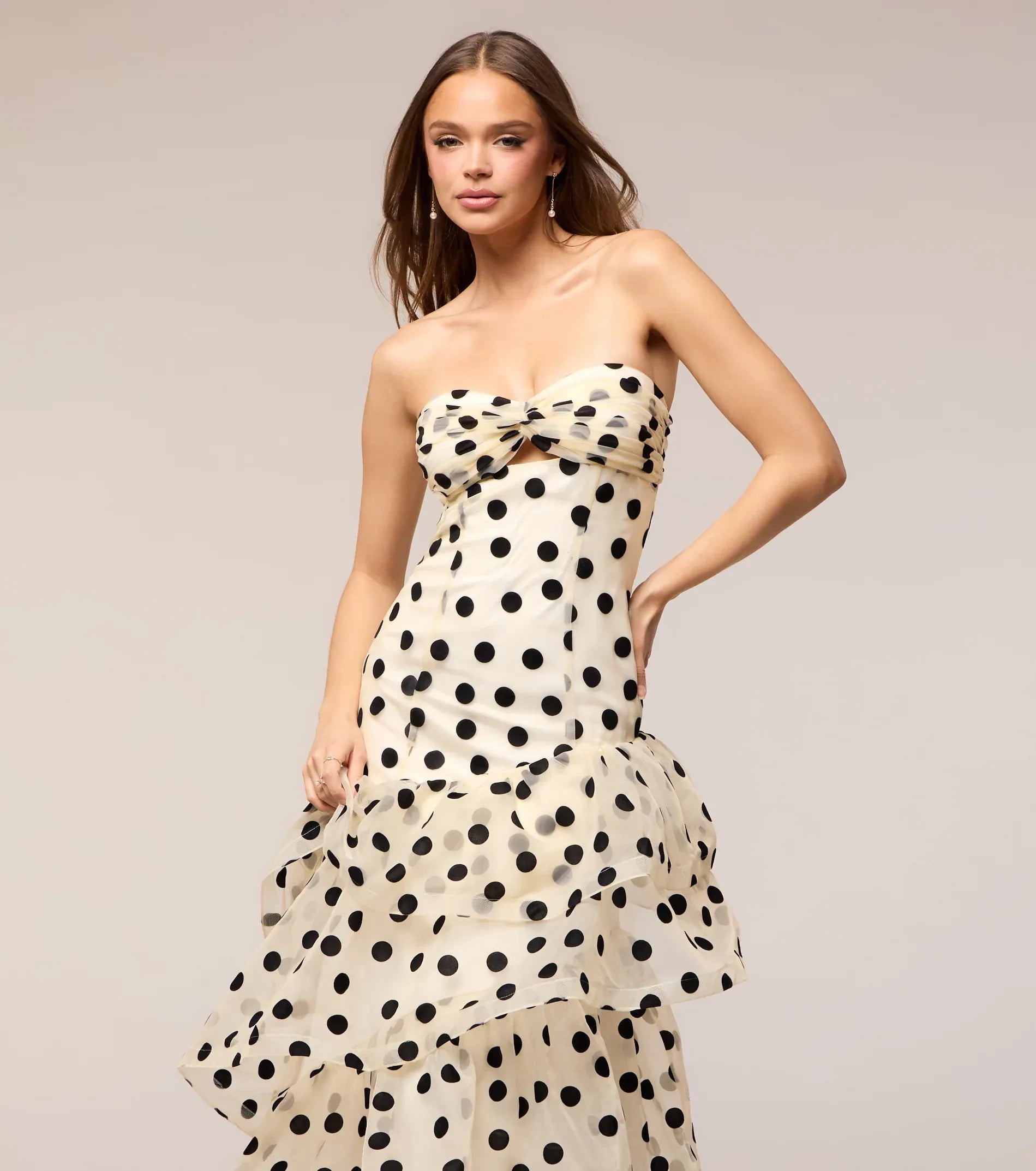 Cream Strapless Twist Cutout Lace-Up Back Tiered Ruffle Polka Dot Maxi Wedding Guest Dresses