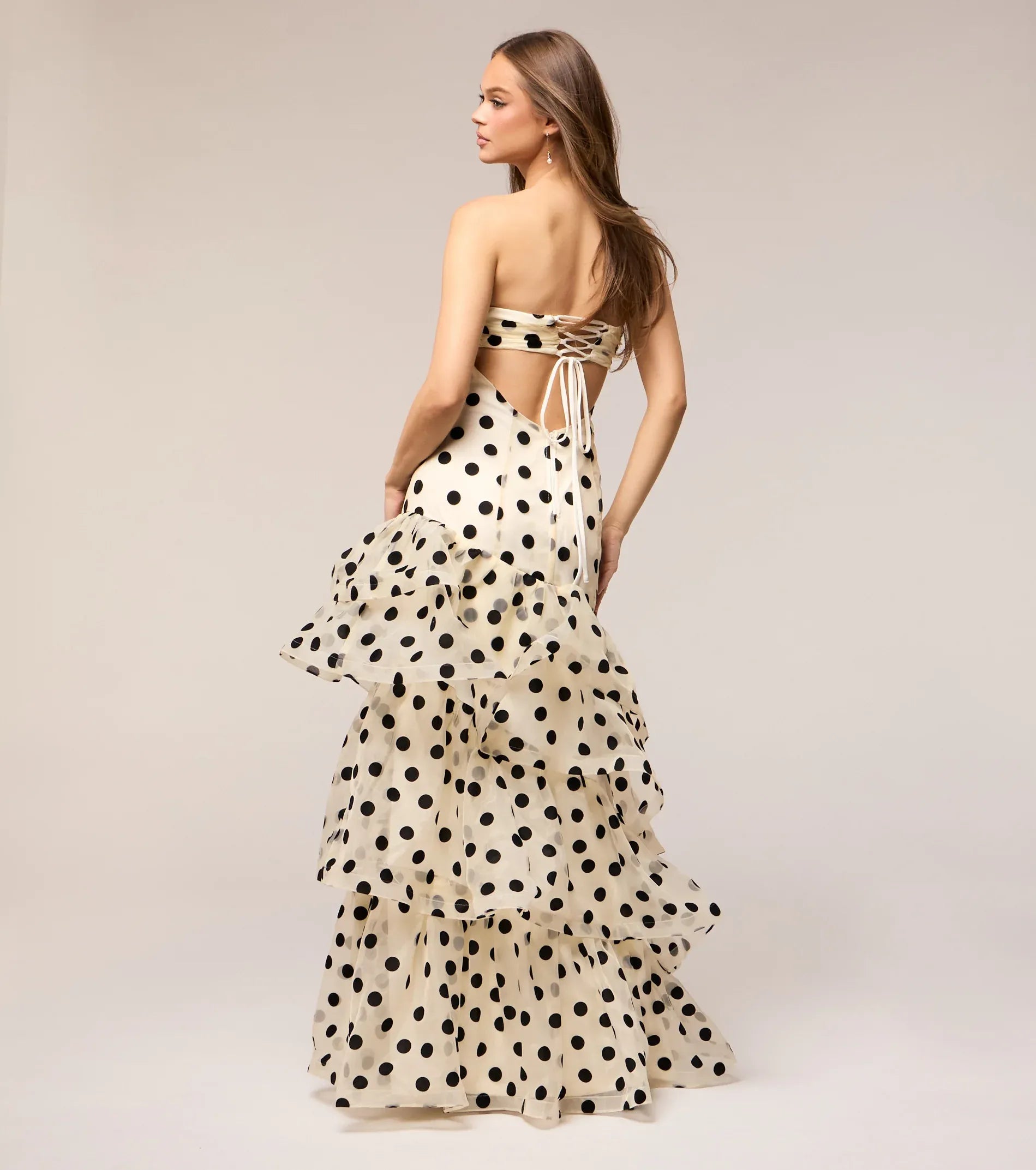 Cream Strapless Twist Cutout Lace-Up Back Tiered Ruffle Polka Dot Maxi Wedding Guest Dresses