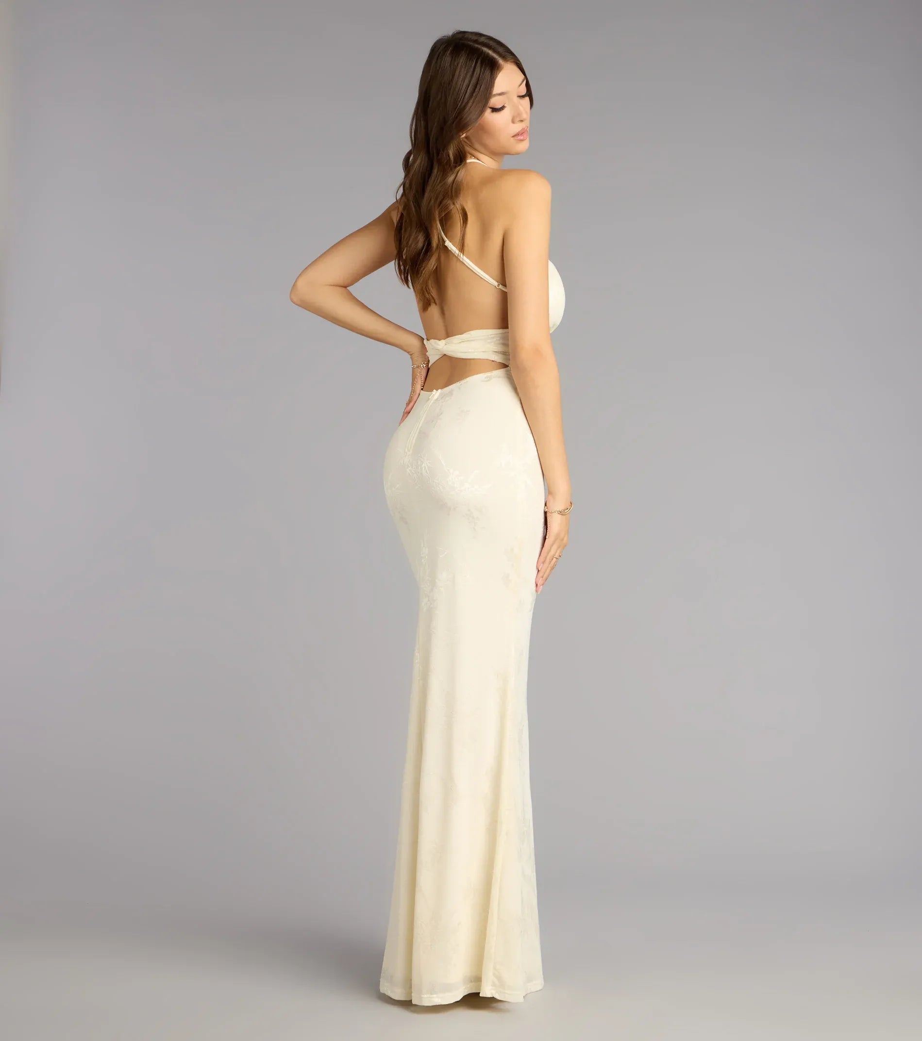 Cream White Jacquard Spaghetti Strap Tie Back Cutout Mermaid Floor Length Wedding Guest Dresses