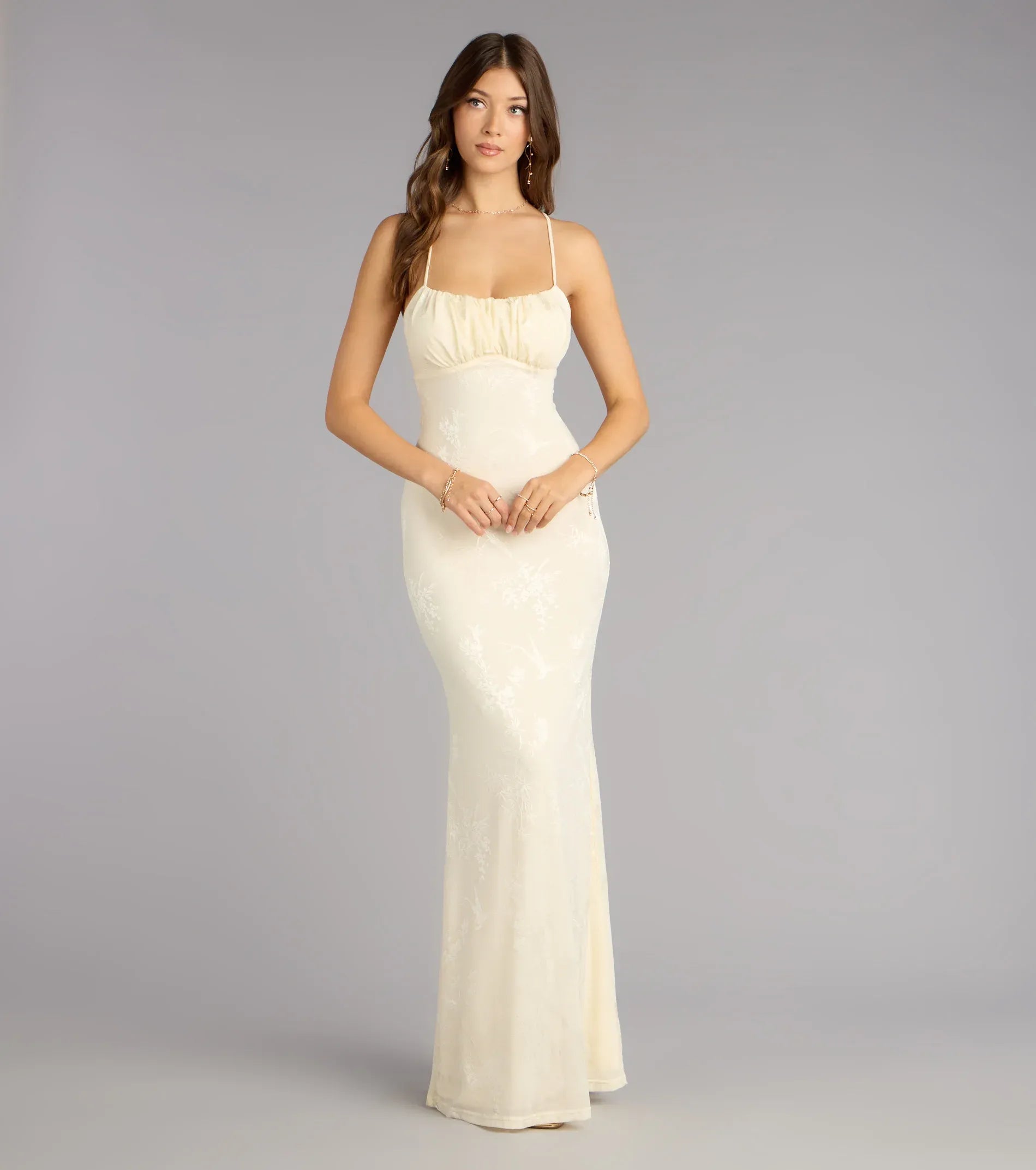 Cream White Jacquard Spaghetti Strap Tie Back Cutout Mermaid Floor Length Wedding Guest Dresses