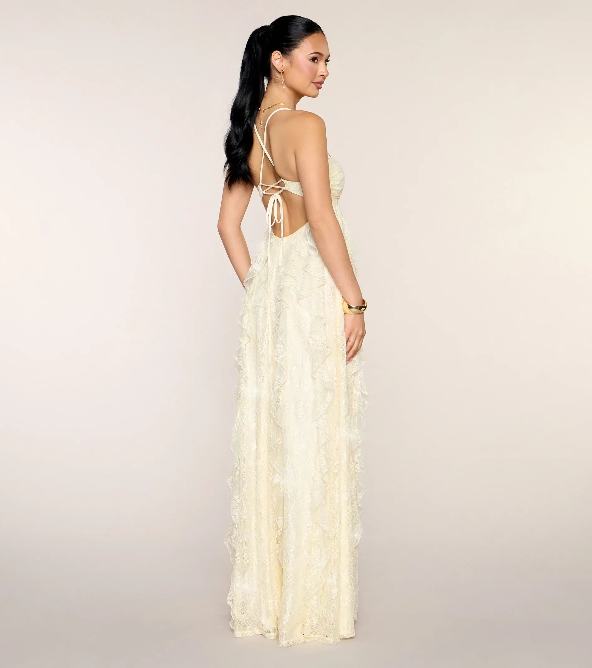 Cream White Lace Thin Strap Twist Bust Tie Back Ruffle High Slit Maxi Wedding Guest Dresses