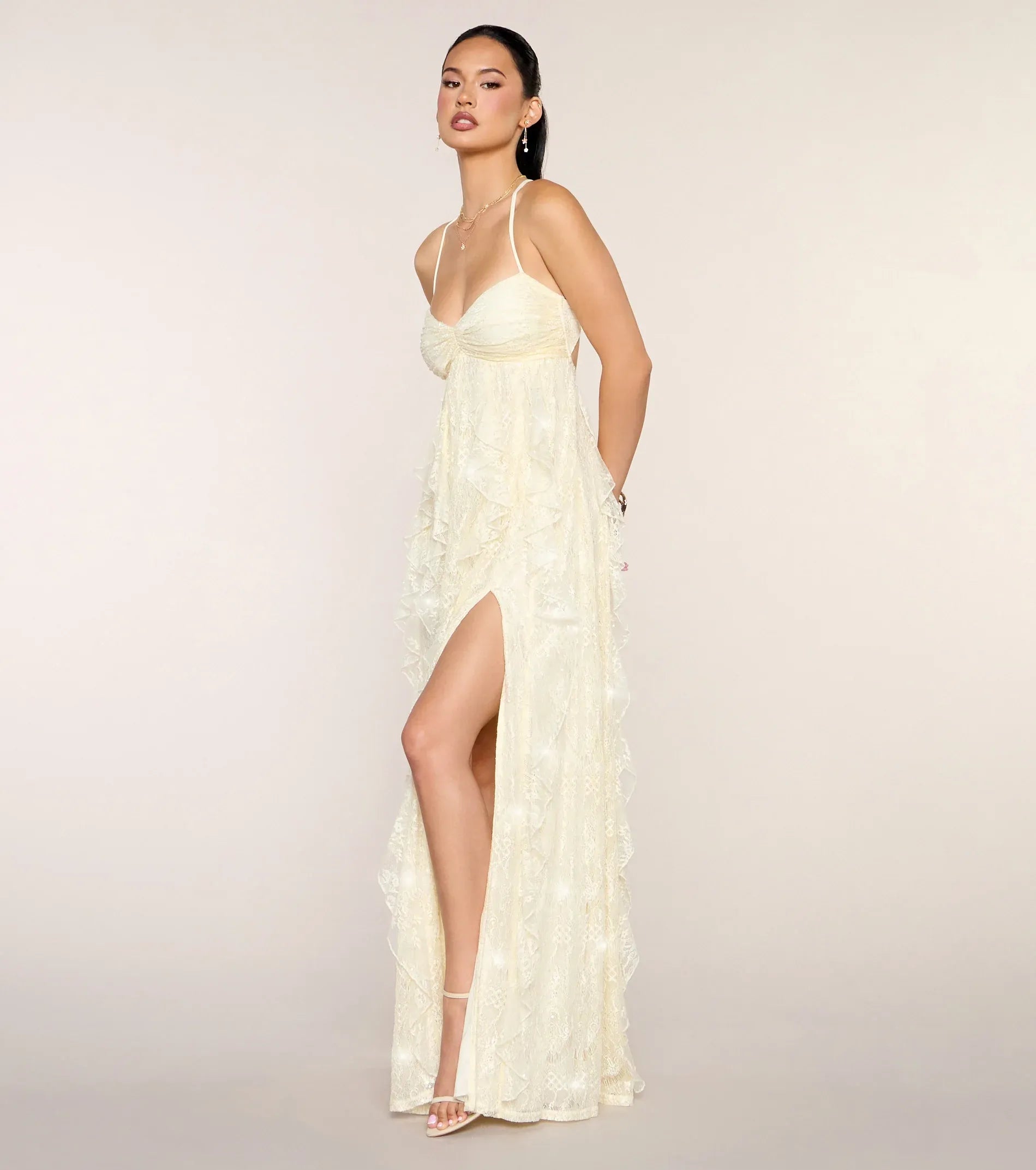 Cream White Lace Thin Strap Twist Bust Tie Back Ruffle High Slit Maxi Wedding Guest Dresses