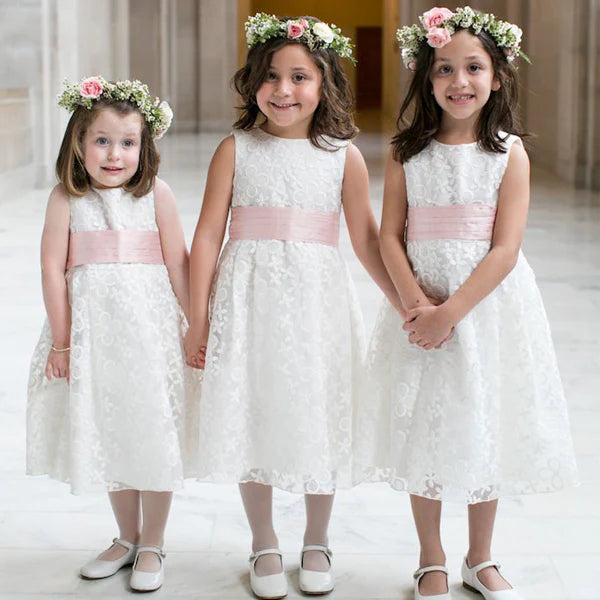 Cute A-Line Scoop Neck Sleeveless Ivory Lace Pink Bow Tea Length Flower Girl Dress