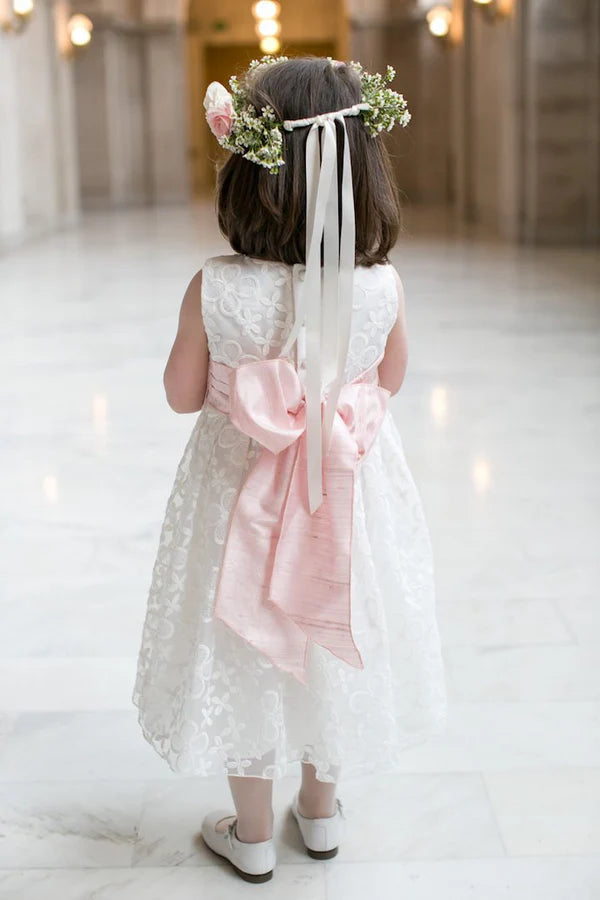 Cute A-Line Scoop Neck Sleeveless Ivory Lace Pink Bow Tea Length Flower Girl Dress