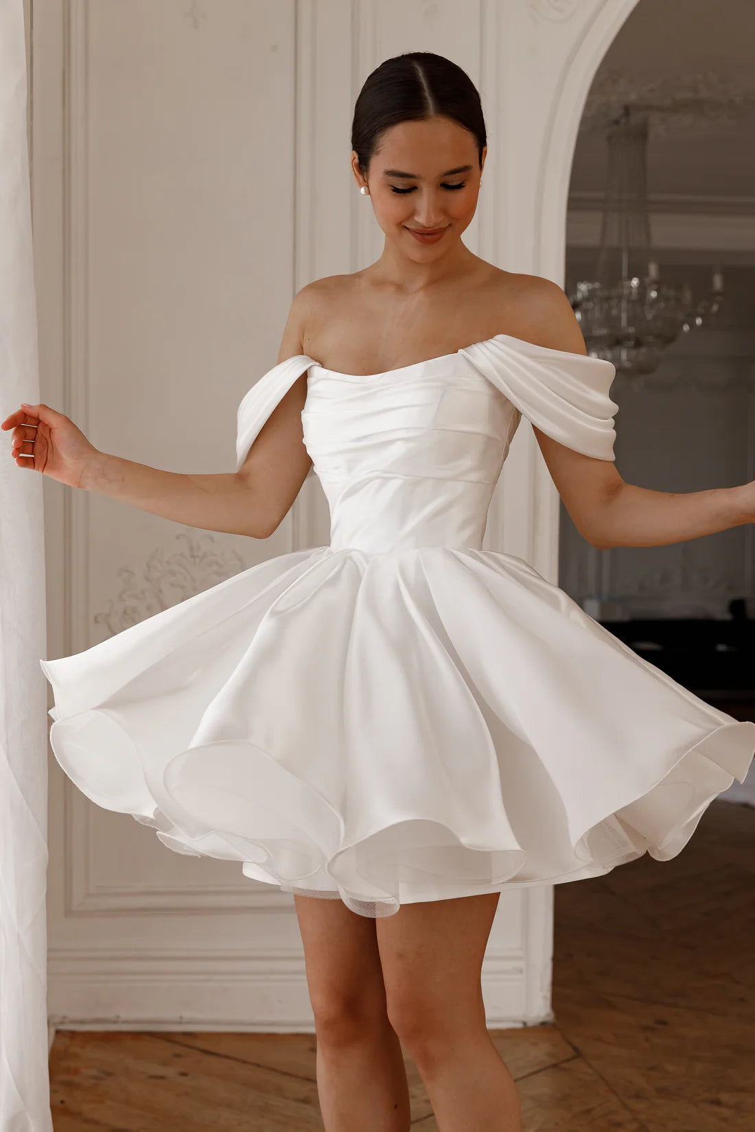 Cute A Line Sweetheart Neck Dropped Shoulder Sleeves Lace-Up Short-Mini Wedding Dress