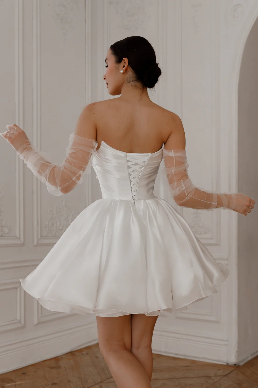Cute A Line Sweetheart Neck Dropped Shoulder Sleeves Lace-Up Short-Mini Wedding Dress