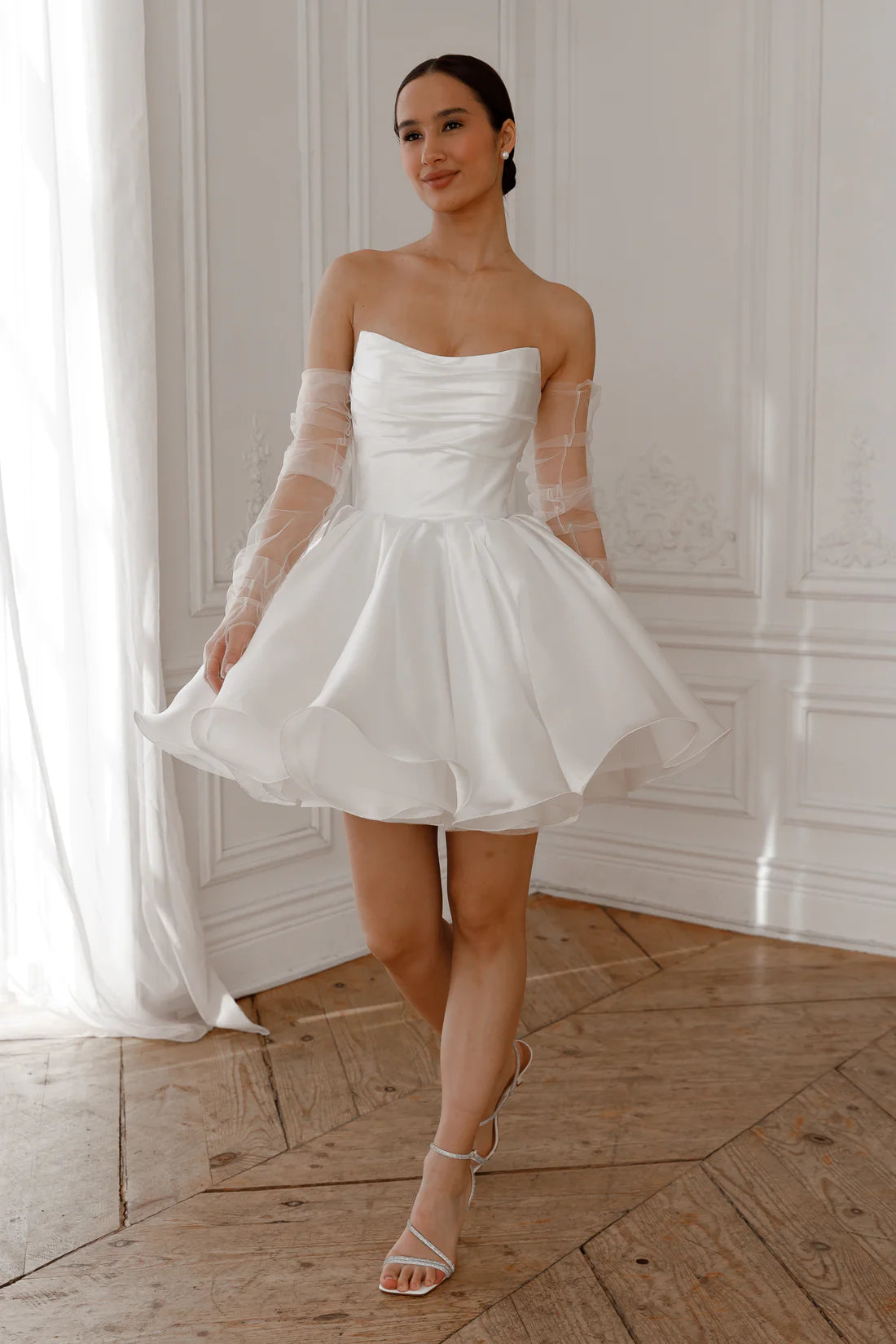Cute A Line Sweetheart Neck Dropped Shoulder Sleeves Lace-Up Short-Mini Wedding Dress