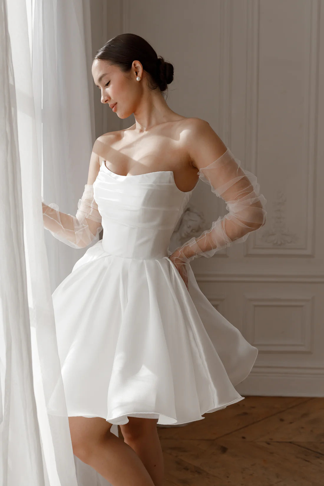 Cute A Line Sweetheart Neck Dropped Shoulder Sleeves Lace-Up Short-Mini Wedding Dress
