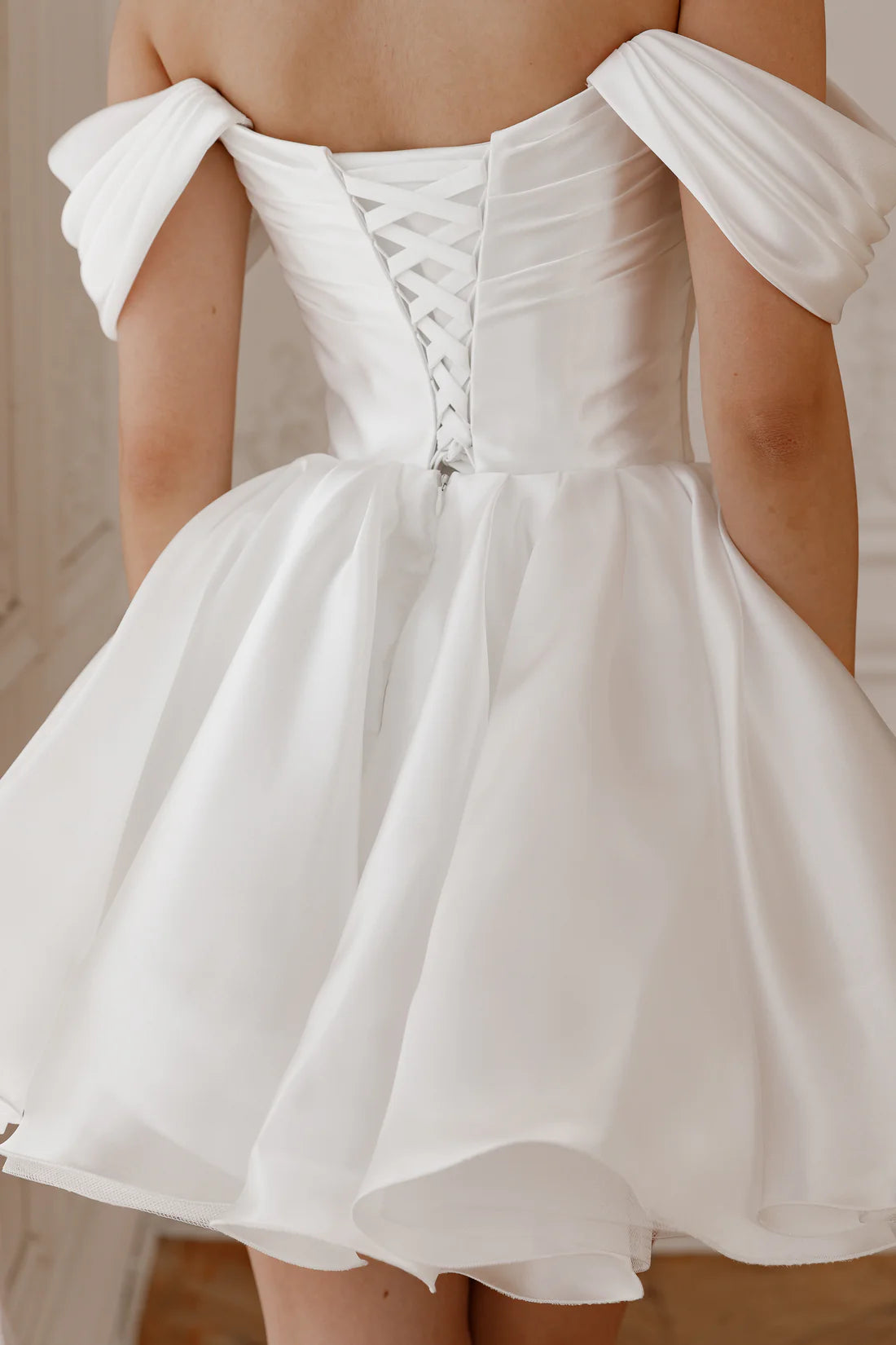 Cute A Line Sweetheart Neck Dropped Shoulder Sleeves Lace-Up Short-Mini Wedding Dress