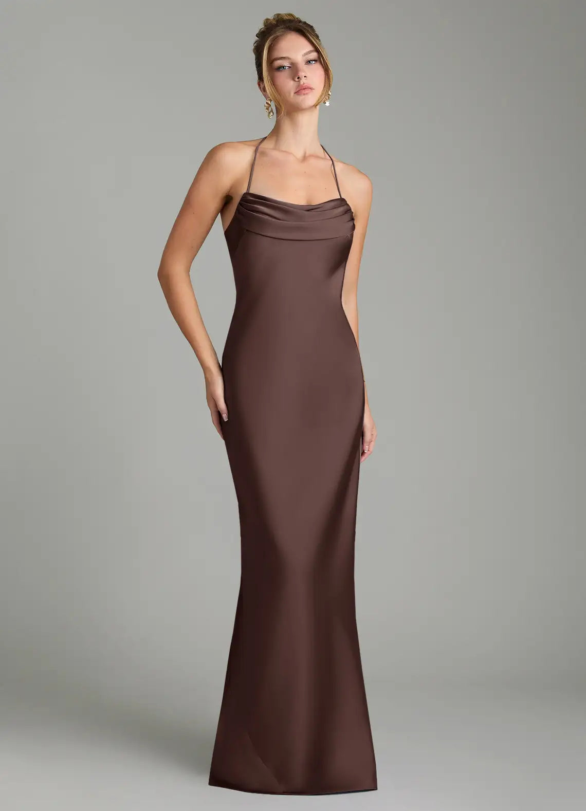 Dark Brown Cowl Halter Tie Cutout Back Mermaid Maxi Satin Bridesmaid Dress