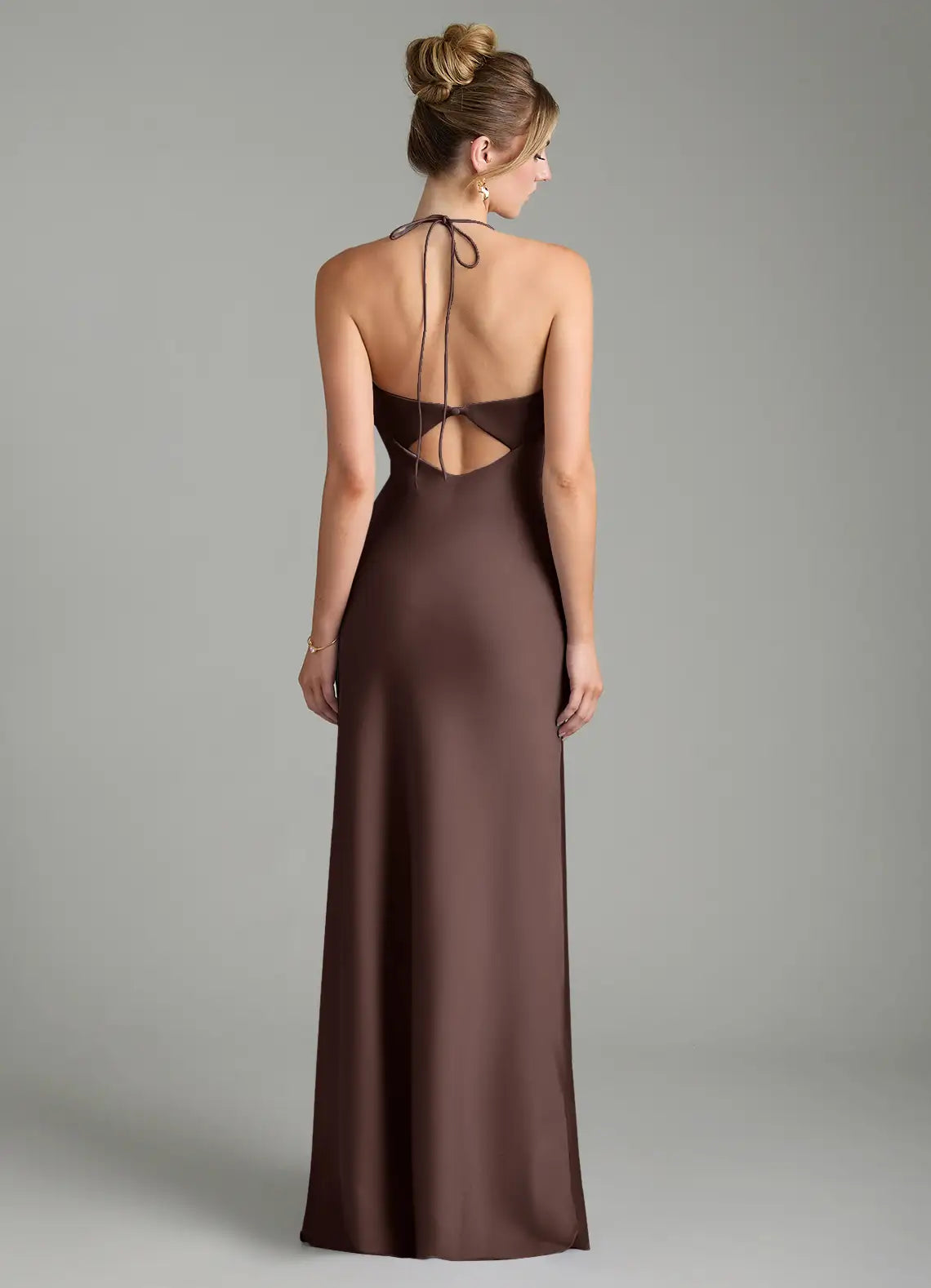 Dark Brown Cowl Halter Tie Cutout Back Mermaid Maxi Satin Bridesmaid Dress