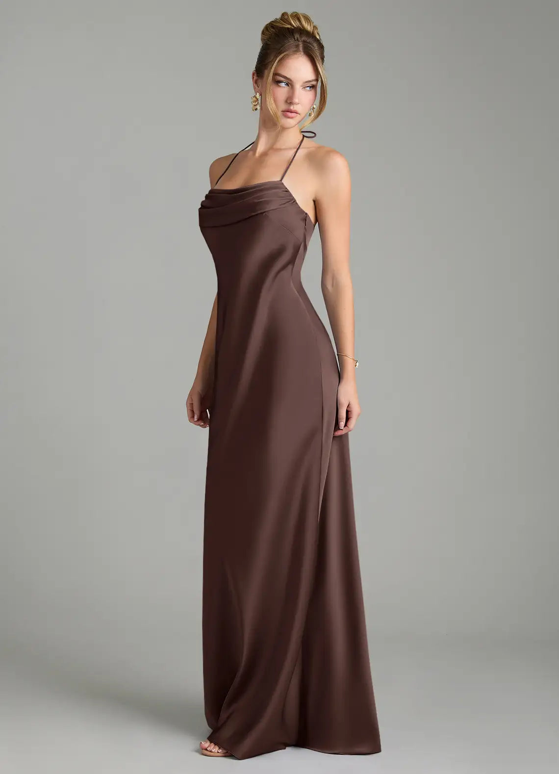 Dark Brown Cowl Halter Tie Cutout Back Mermaid Maxi Satin Bridesmaid Dress