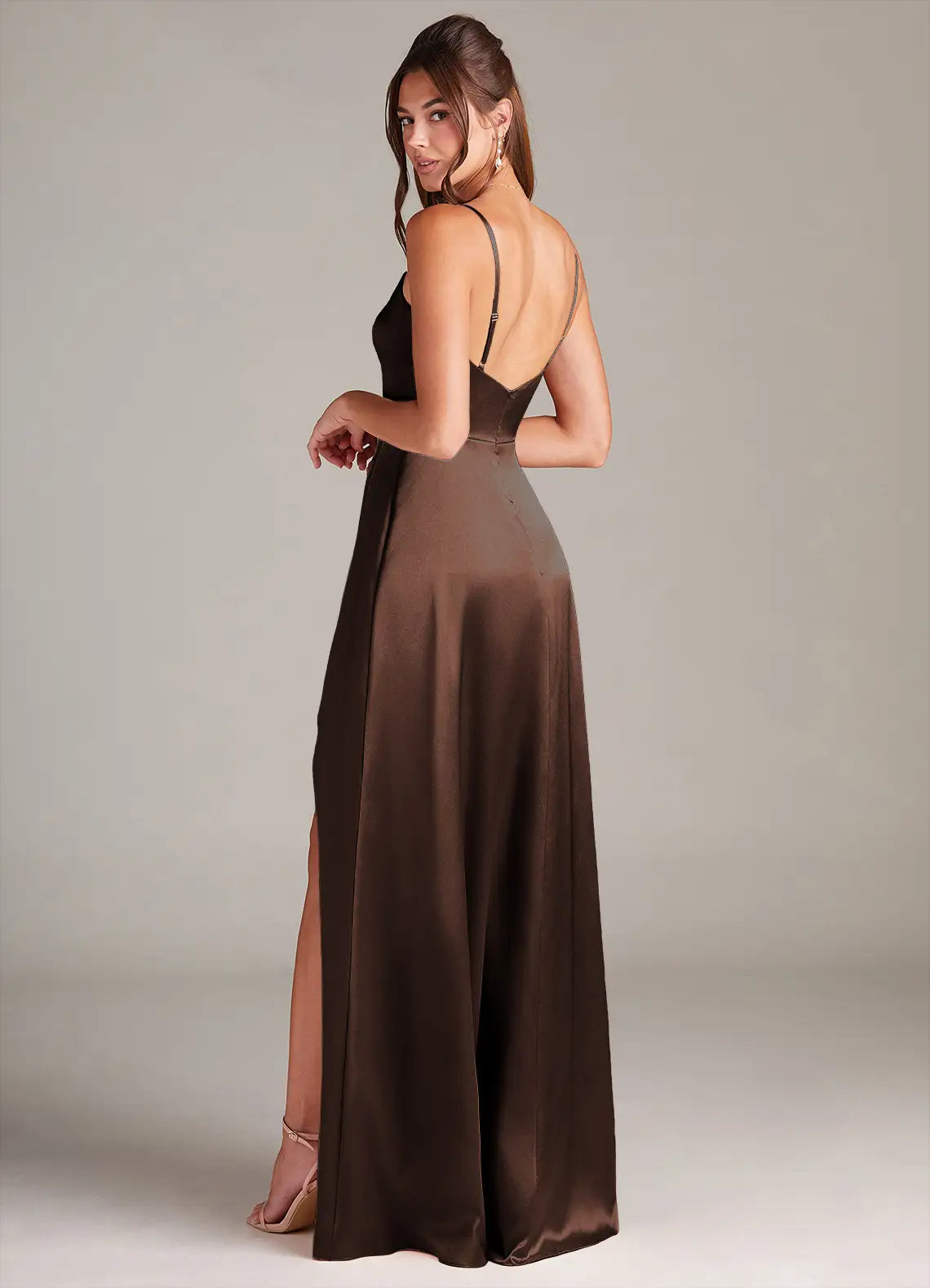 Dark Brown Cowl Neck Thin Spaghetti Strap High Slit Mermaid Maxi Satin Bridesmaid Dress