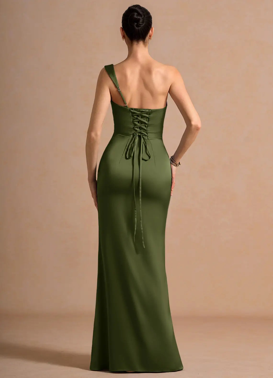 Dark Olive Asymmetrical One Shoulder Ruched Lace Up Mermaid Maxi Wedding Guest Dress