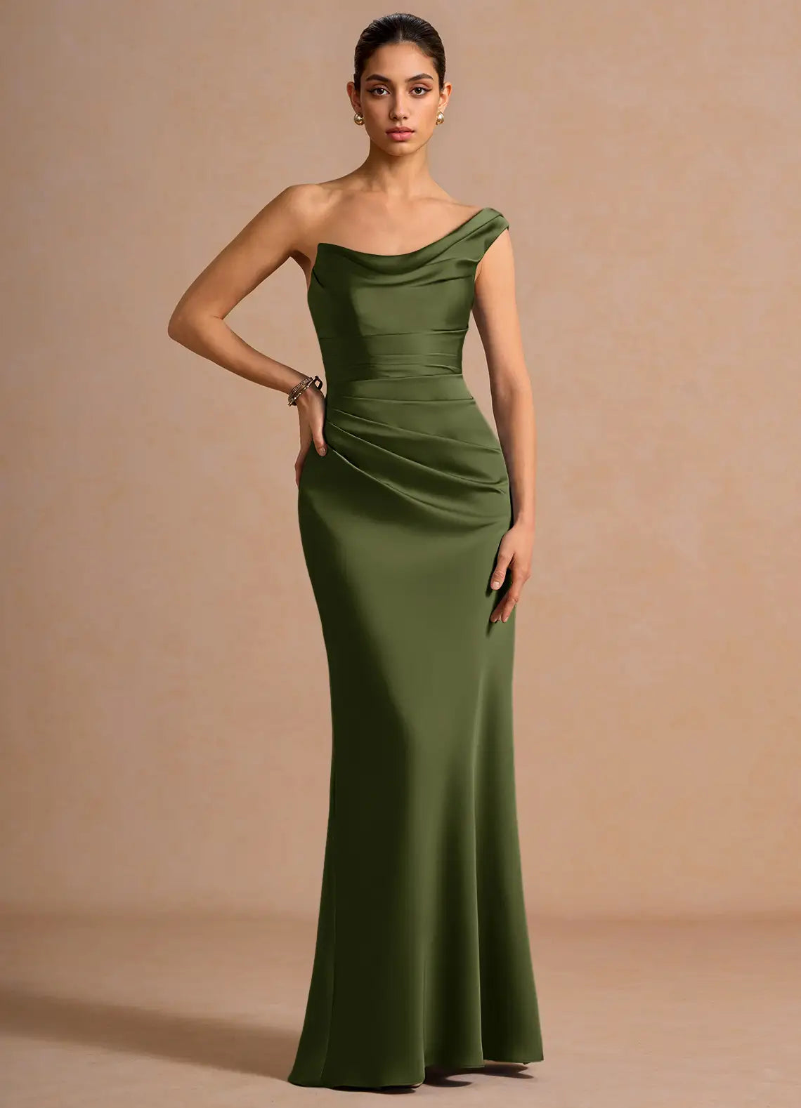 Dark Olive Asymmetrical One Shoulder Ruched Lace Up Mermaid Maxi Wedding Guest Dress